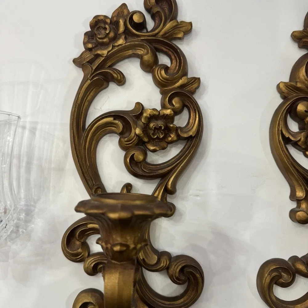 Vintage Homco Wall Sconces 2 Ornate Gold Scroll Candle Holders w/ Glass Votives